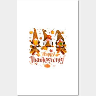 Happy Thanksgiving Gnomes Autumn Leaves Posters and Art